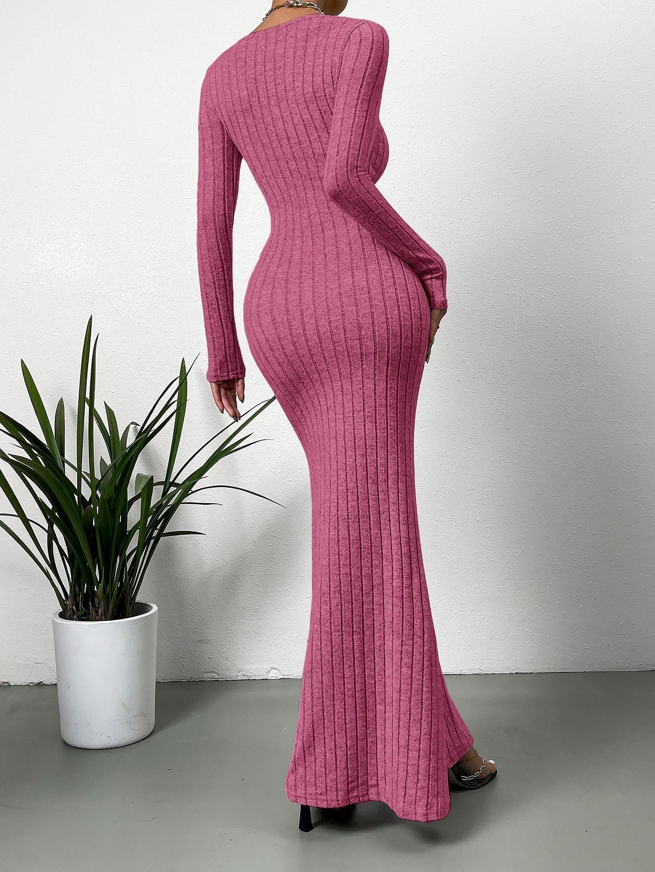 Square Neck Ribbed Knit Mermaid Hem Dress