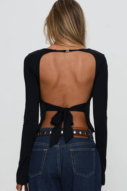 Solid Back-Tie Backless Long-Sleeve Slim Blouse