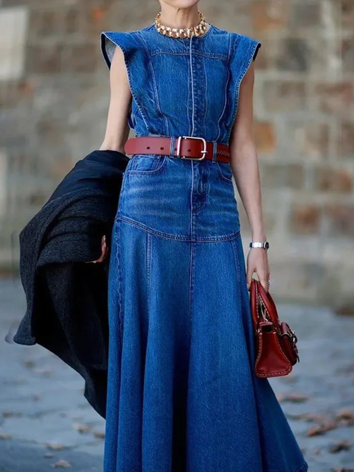 Stylish Plain Crew Neck Cap Sleeve Spliced Denim Midi Dress