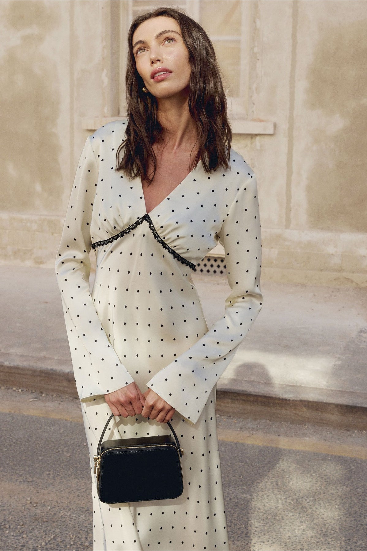 Satin Polka Dot V-Neck A-Line Midi Dress