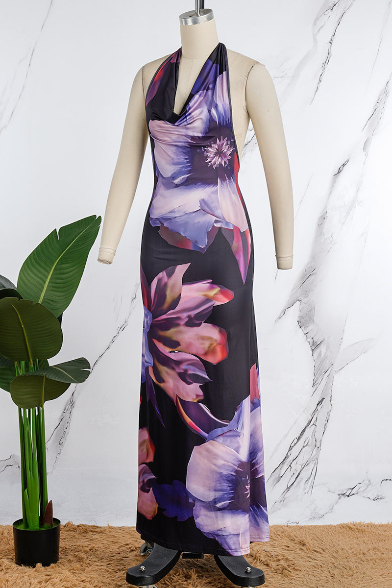 Yamel Minimalist Printed Backless Halter Neck Dresses with a Skirt Evening Wear Edit