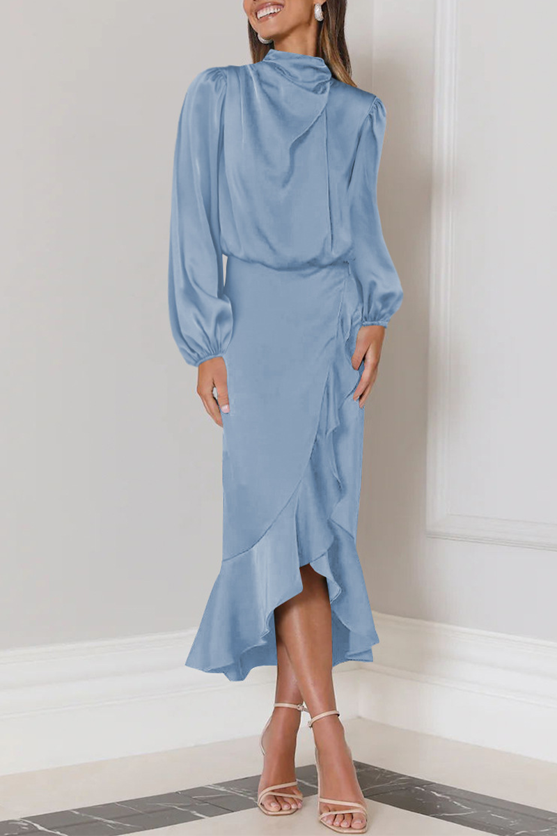 Angelina Elevated Long Sleeved Midi Dress with Ruffles and a High Neck Evening Wear Edit