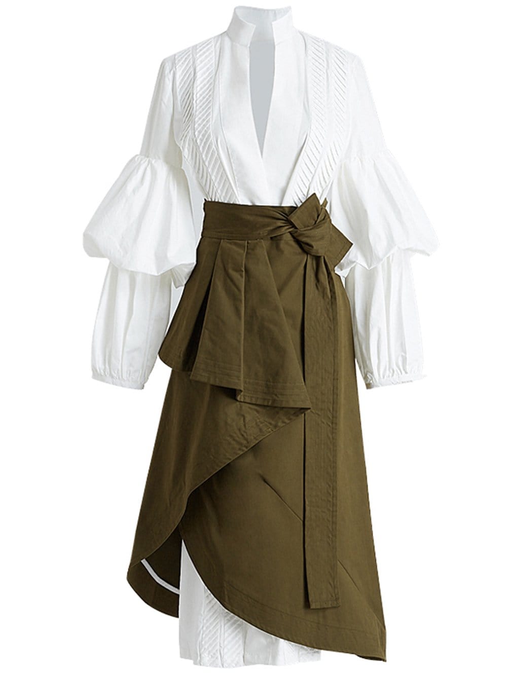 White Puff Sleeve Pintuck Shirt Dress And Wrap Skirt Set