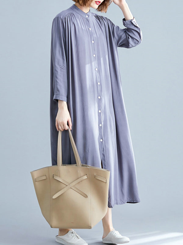 Stand Collar Long Sleeve Button Front Loose Shirt Midi Dress 6