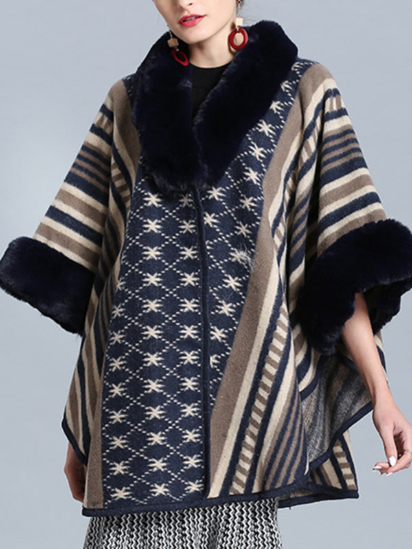 Faux Fur Collar Striped Aztec Print Cape Cardigan 19