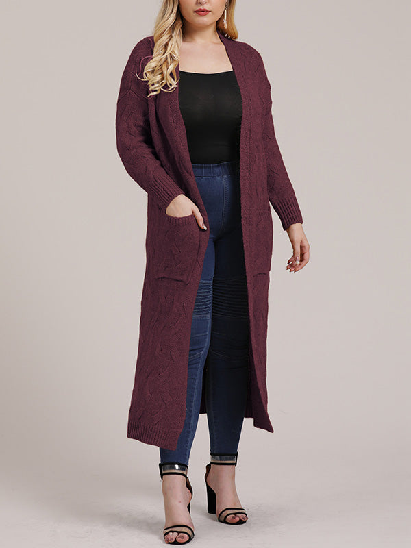 Open Front Cable Knit Pocket Longline Cardigan