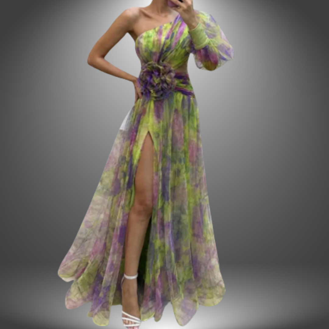 One-Shoulder Watercolor Print Feather Waist High Slit Tulle Maxi Gown 4