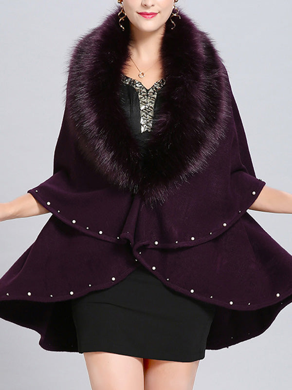Fur Collar Pearl Trim Draped Knit Cape Cardigan 15