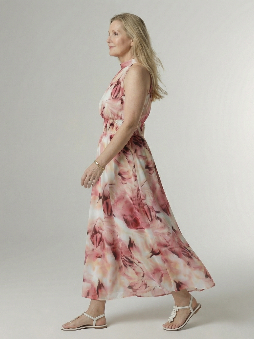 Halter High Neck Sleeveless Tie-Dye Print Shirred Waist Maxi Dress