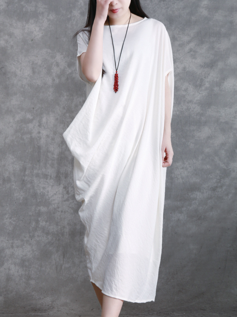 Round Neck Batwing Sleeve Draped Loose Cocoon Maxi Dress 4