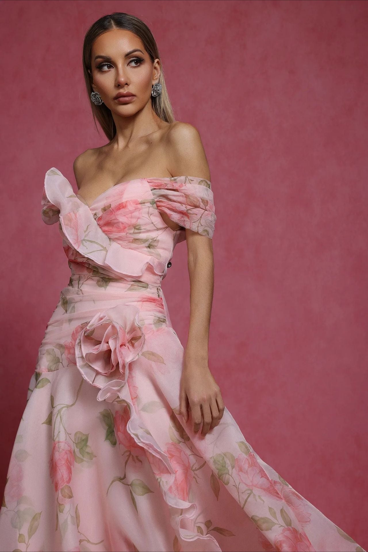 Pink Off Shoulder Sweetheart 3D Applique Floral Print A-Line Maxi Dress 3