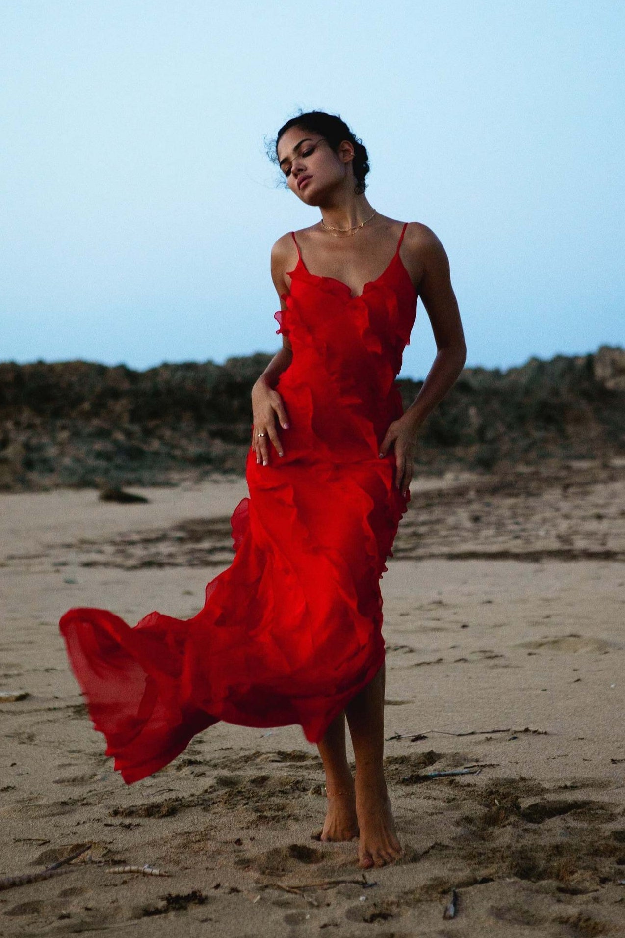 Sexy Backless Slit Fitted Spaghetti Strap Chiffon Ruffled Party Dress