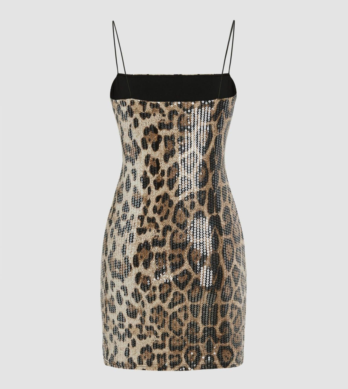 Leopard Straight Neck Spaghetti Strap Sequin Leopard Bodycon Mini Dress 8