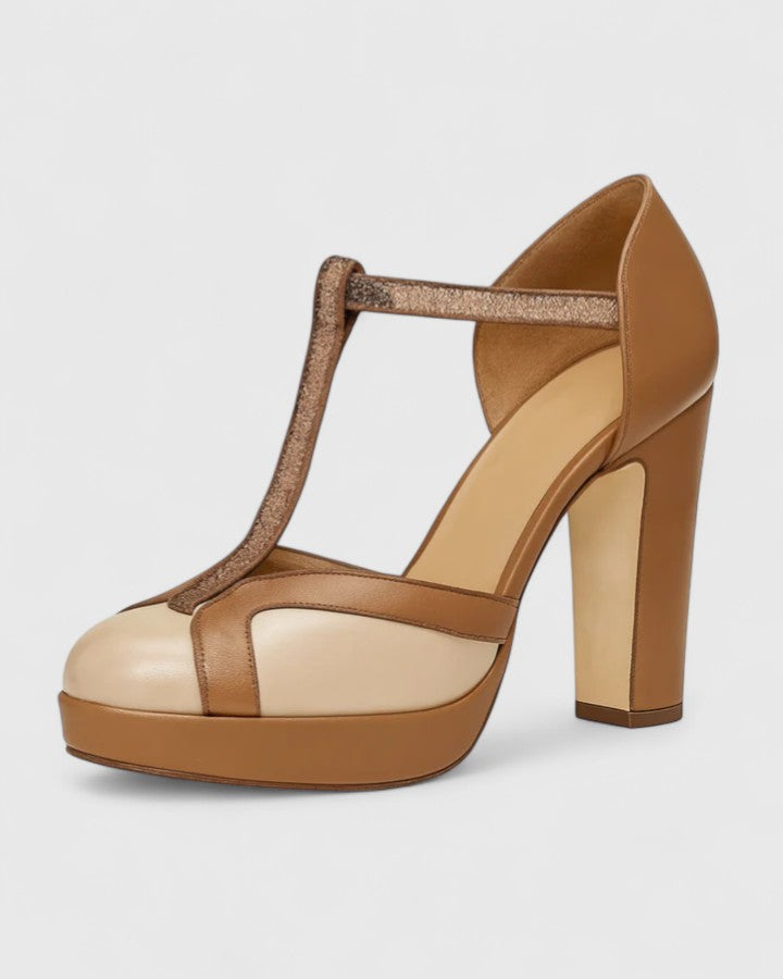Brown Round Toe T-Strap Platform Block Heel Pumps
