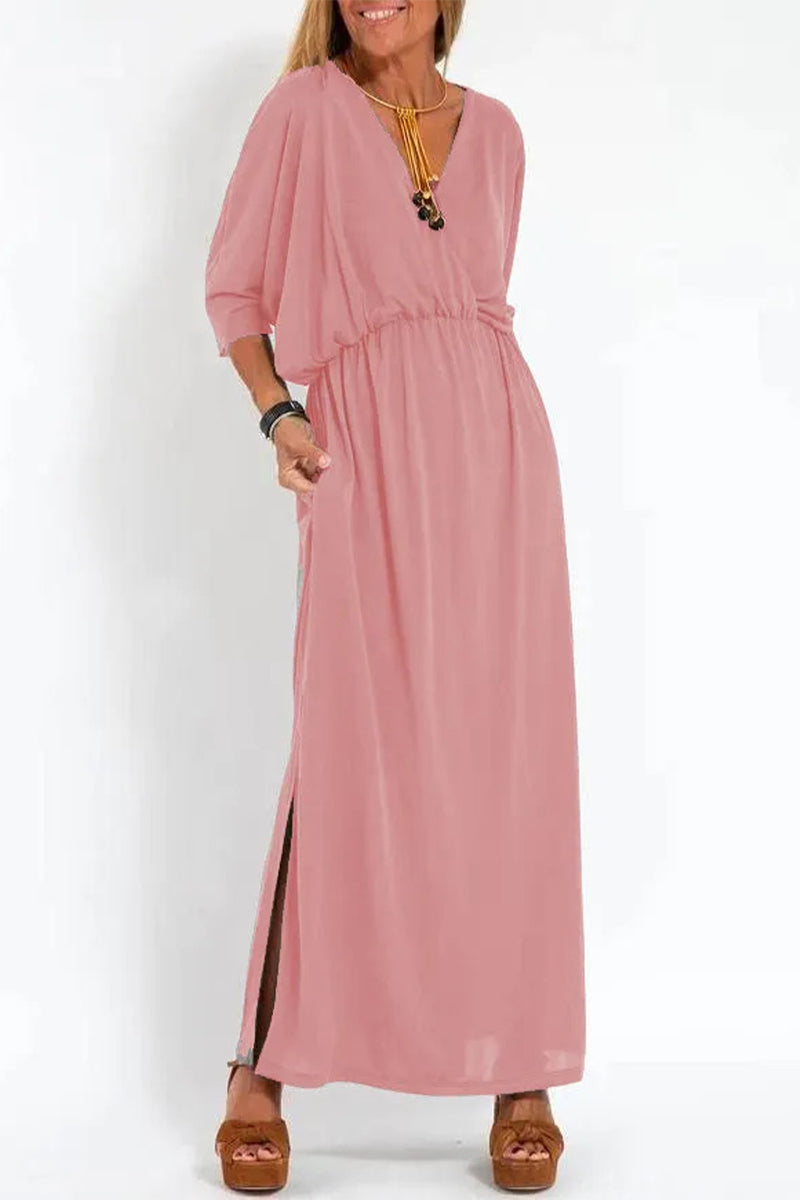 Nelly Exclusive Casual, , Solid Color, One Tier Skirt Dresses with Pocket Slit and V Neck Elevated Occasion Wear
