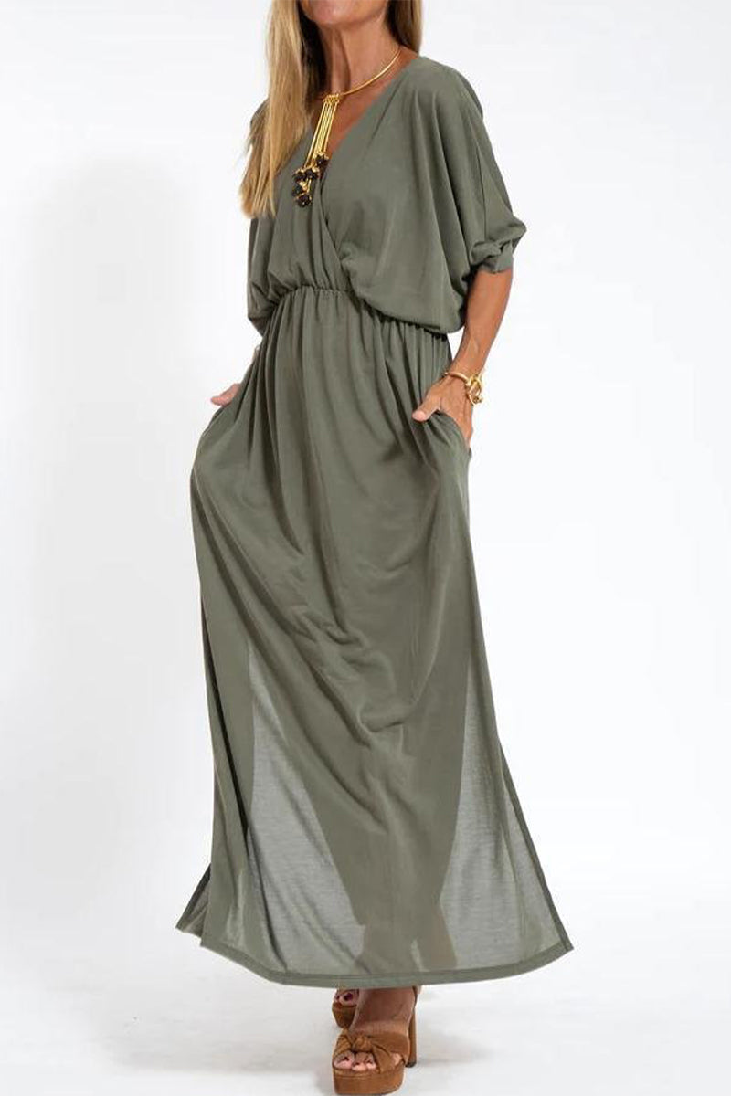 Nelly Exclusive Casual, , Solid Color, One Tier Skirt Dresses with Pocket Slit and V Neck Elevated Occasion Wear