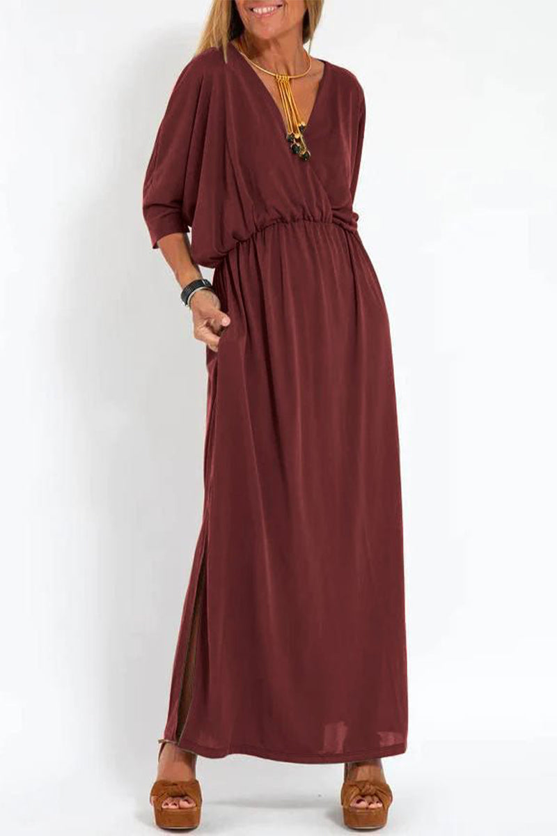 Nelly Exclusive Casual, , Solid Color, One Tier Skirt Dresses with Pocket Slit and V Neck Elevated Occasion Wear