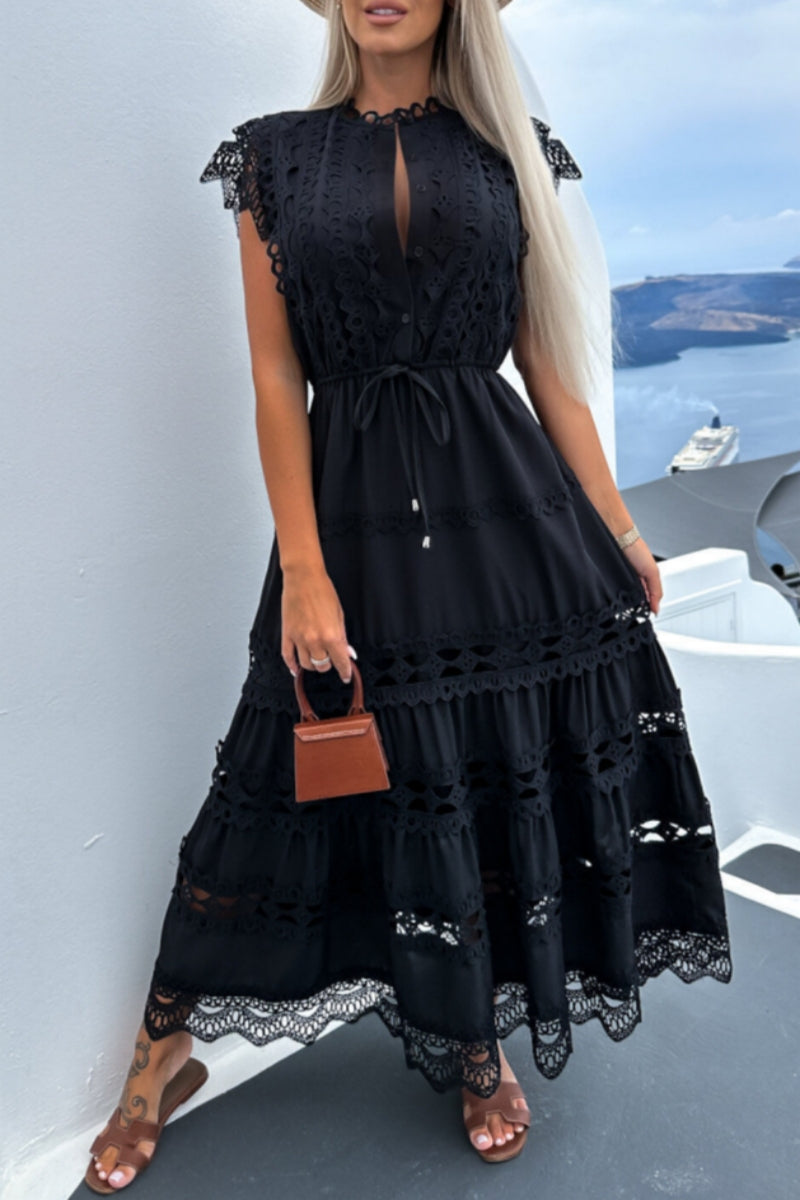 Simona Elevated Casual Solid Patchwork Button Down Long O Neck Dresses Premium Wardrobe Essential