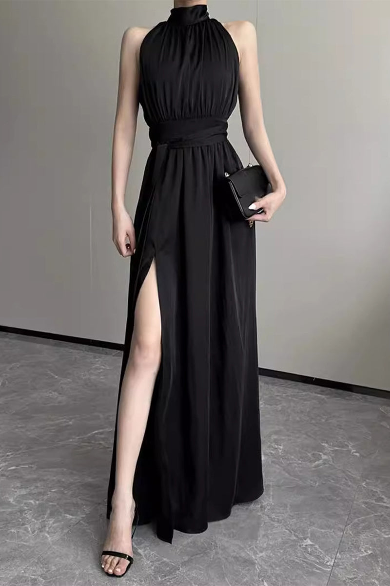 Karol Timeless Solid Color Dresses with Halter Waist Skirt and Slit Premium Wardrobe Essential