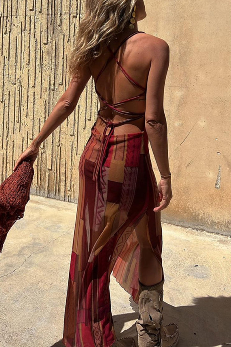 Valeria Chic Sling Dresses Geometric Print Backless Slit Strap Design (3 Colors) Designer Dress Edit