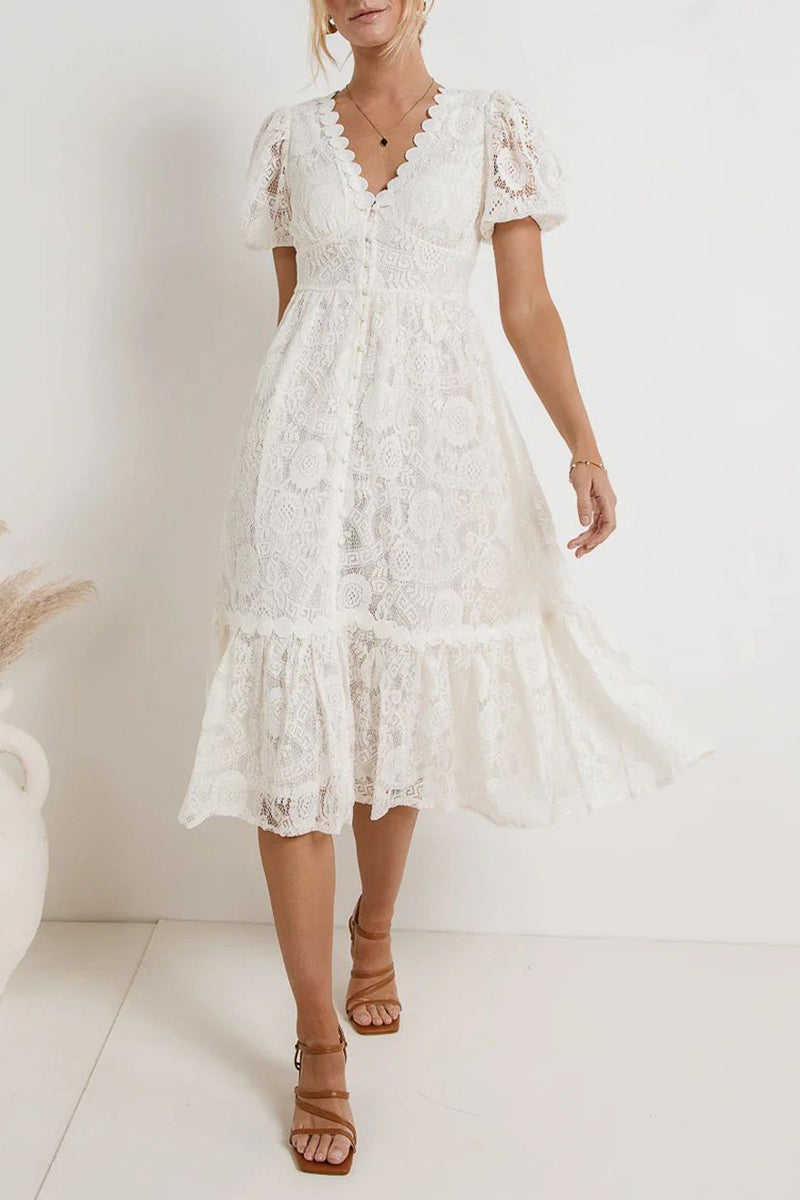 Caterina Minimalist Short Sleeved Lace Dress with V Neckline Designer Edit
