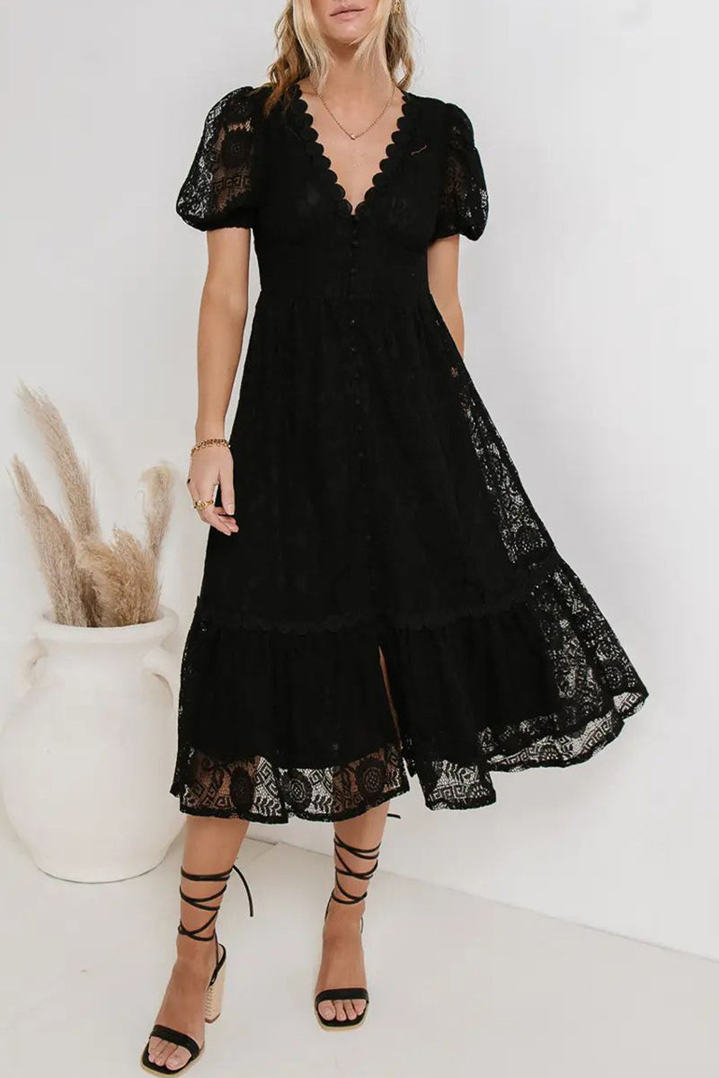 Caterina Minimalist Short Sleeved Lace Dress with V Neckline Designer Edit
