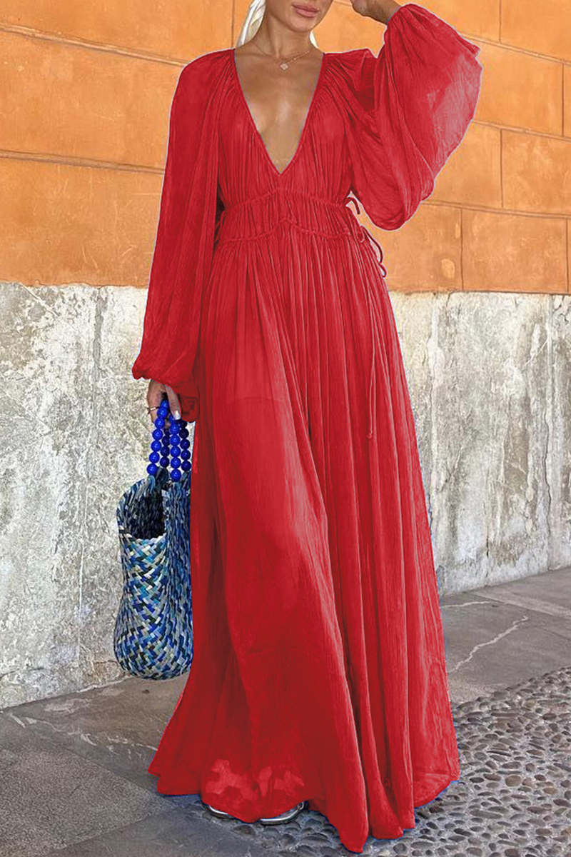 Magaly Boutique Solid Color Patchwork Sheer V Neck a Line Dresses (3 Colors) Designer Edit