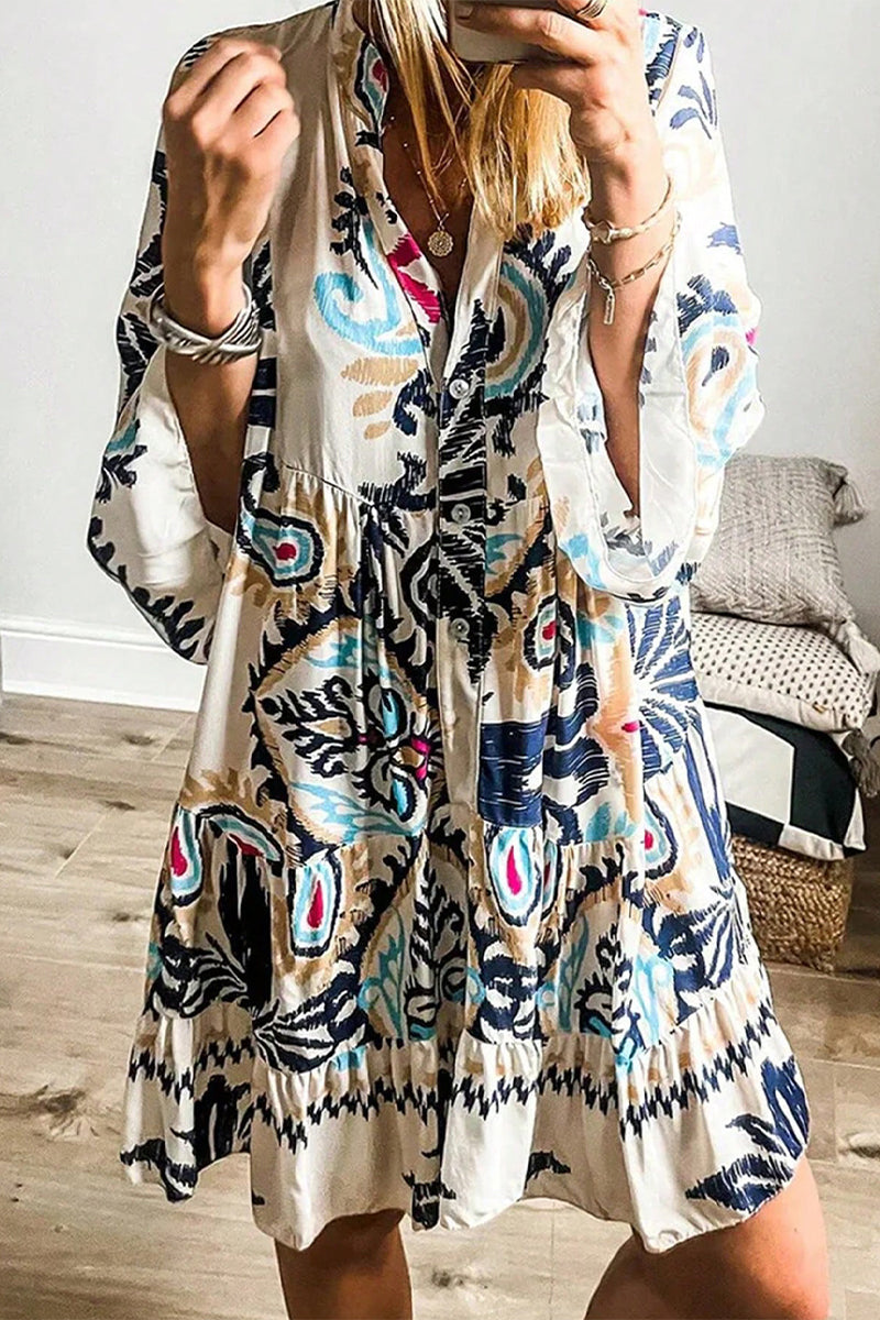Yasmin Chic Casual Daily National Totem Print Patchwork Ruffles V Neck a Line Dresses Elevated Occasion Wear
