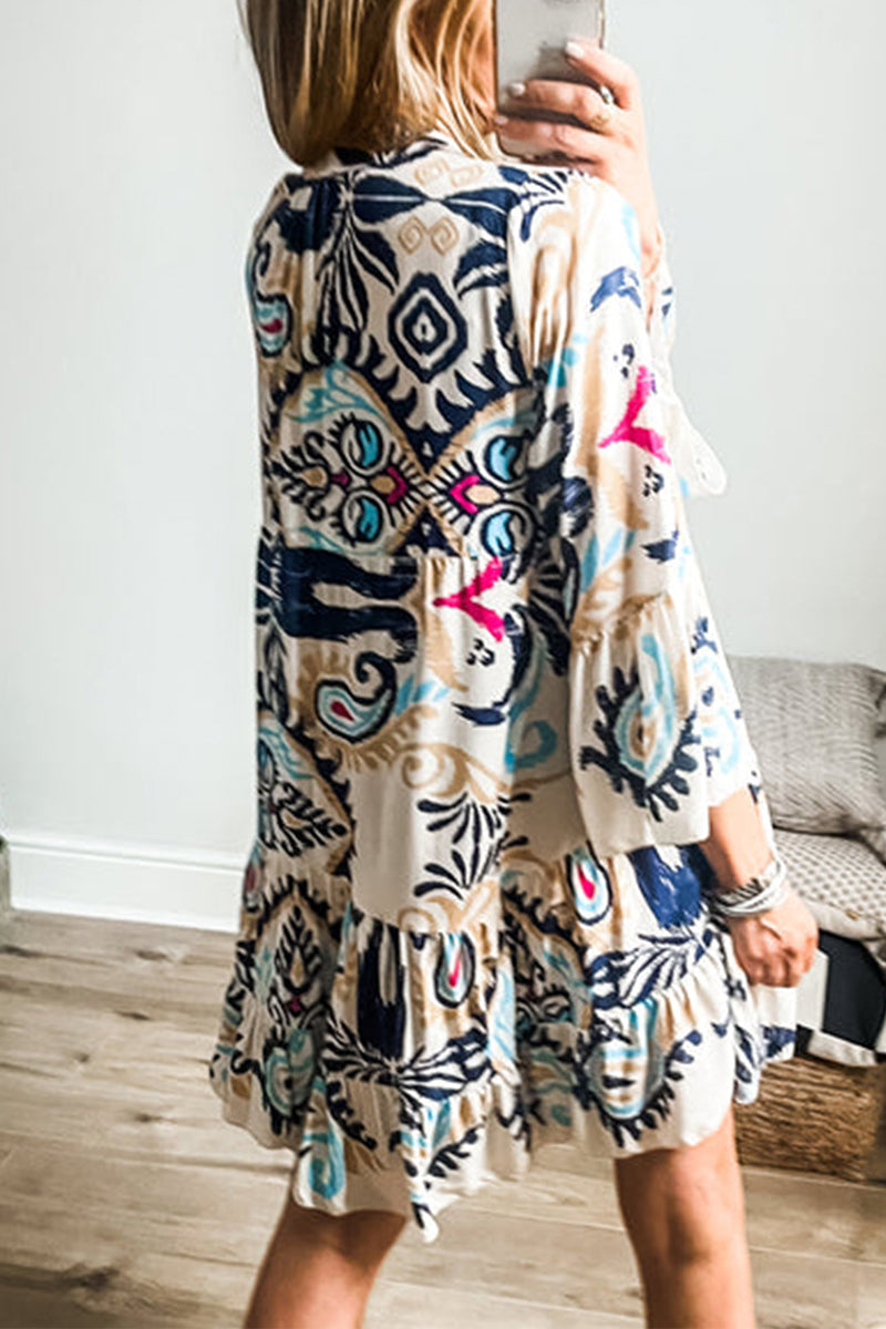 Yasmin Chic Casual Daily National Totem Print Patchwork Ruffles V Neck a Line Dresses Elevated Occasion Wear