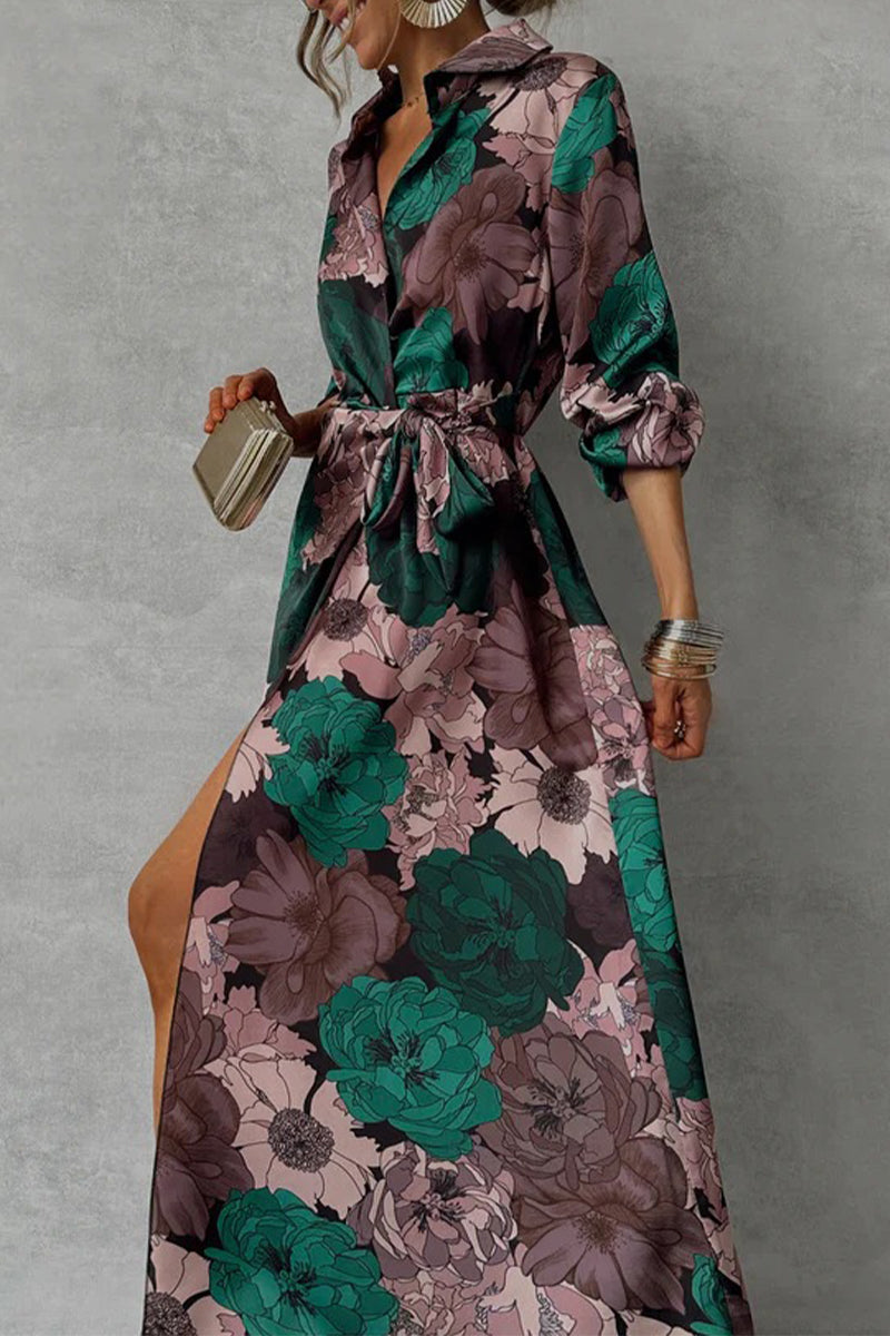 Jimena Boutique Daily Floral Print Lace Up Shirt Dresses with Slit and Turn Down Collar Premium Wardrobe Essential