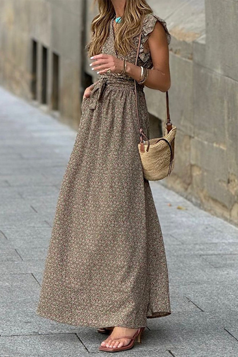 Yolanda Premium Casual Floral Print Street Dresses with Pocket Ruffles and a Line V Neck Statement Occasion Edit