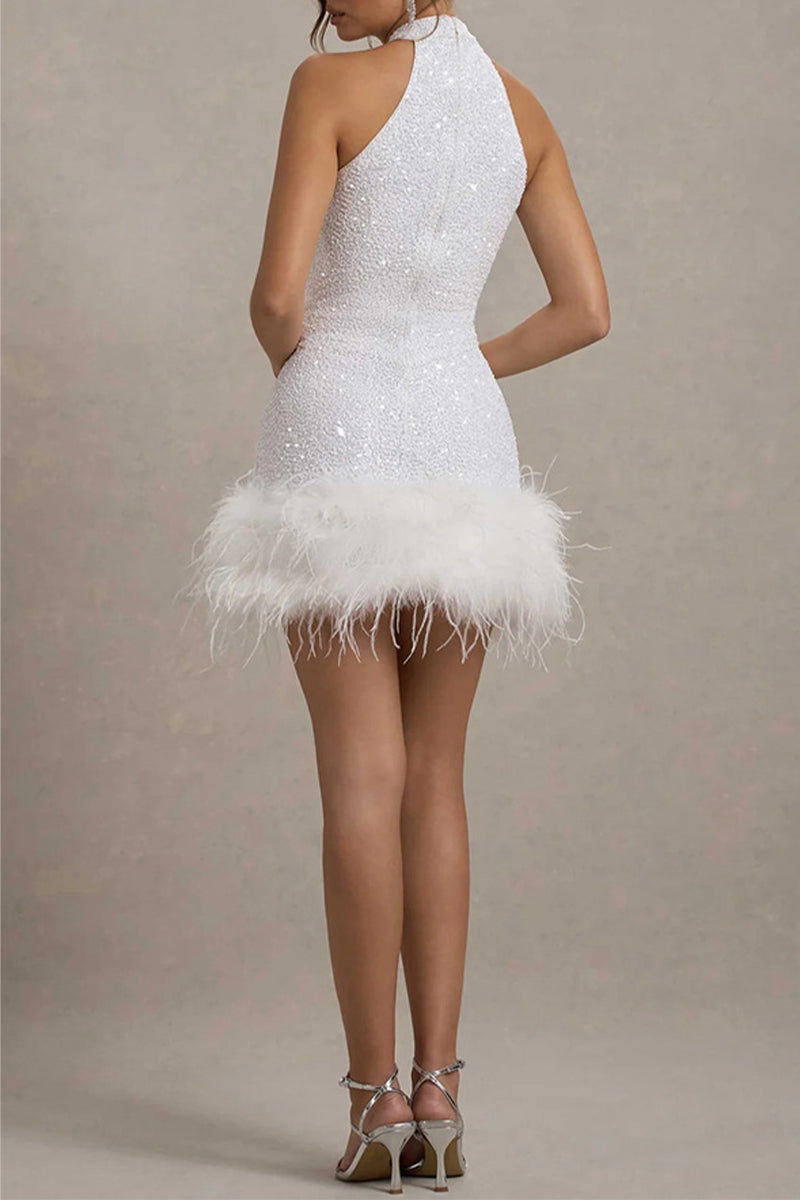 Ingrid Boutique Party Evening Dresses with Sequins, Zipper, Feather Hem and Halterneck Premium Wardrobe Essential