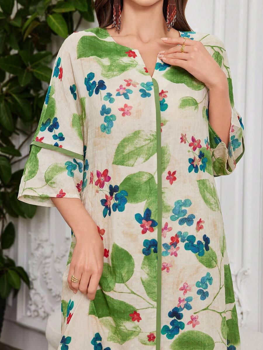 Split Neck Floral Half Sleeve Tiered Ruffle Loose Maxi Dress