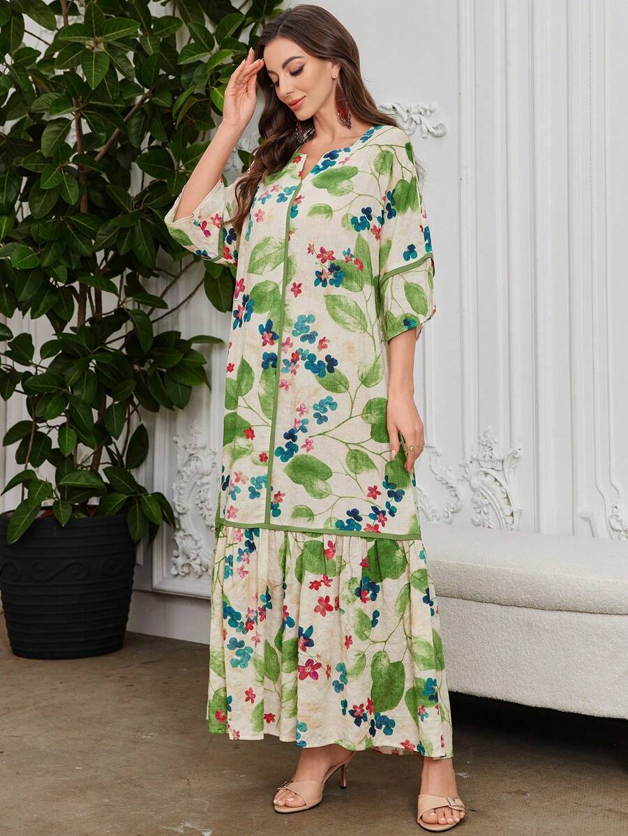 Split Neck Floral Half Sleeve Tiered Ruffle Loose Maxi Dress