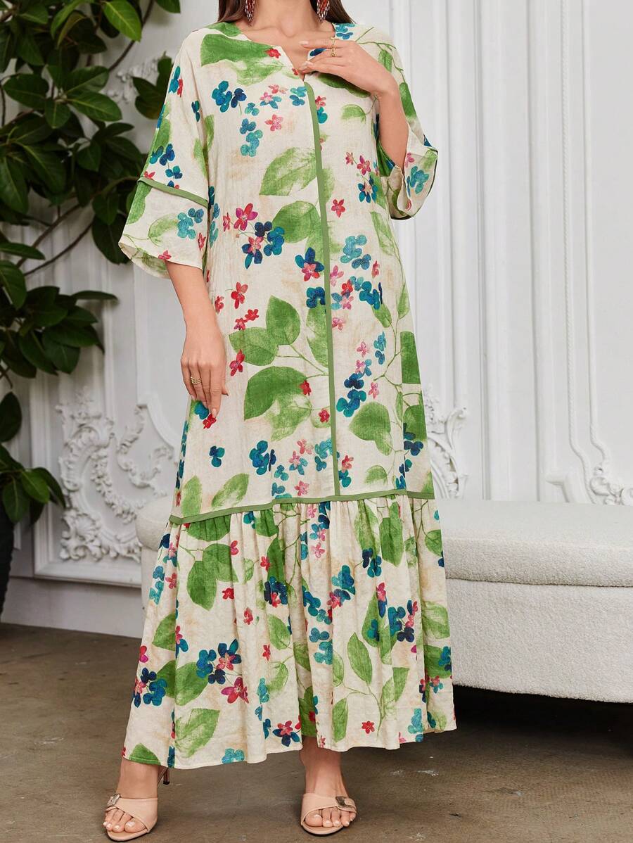 Split Neck Floral Half Sleeve Tiered Ruffle Loose Maxi Dress