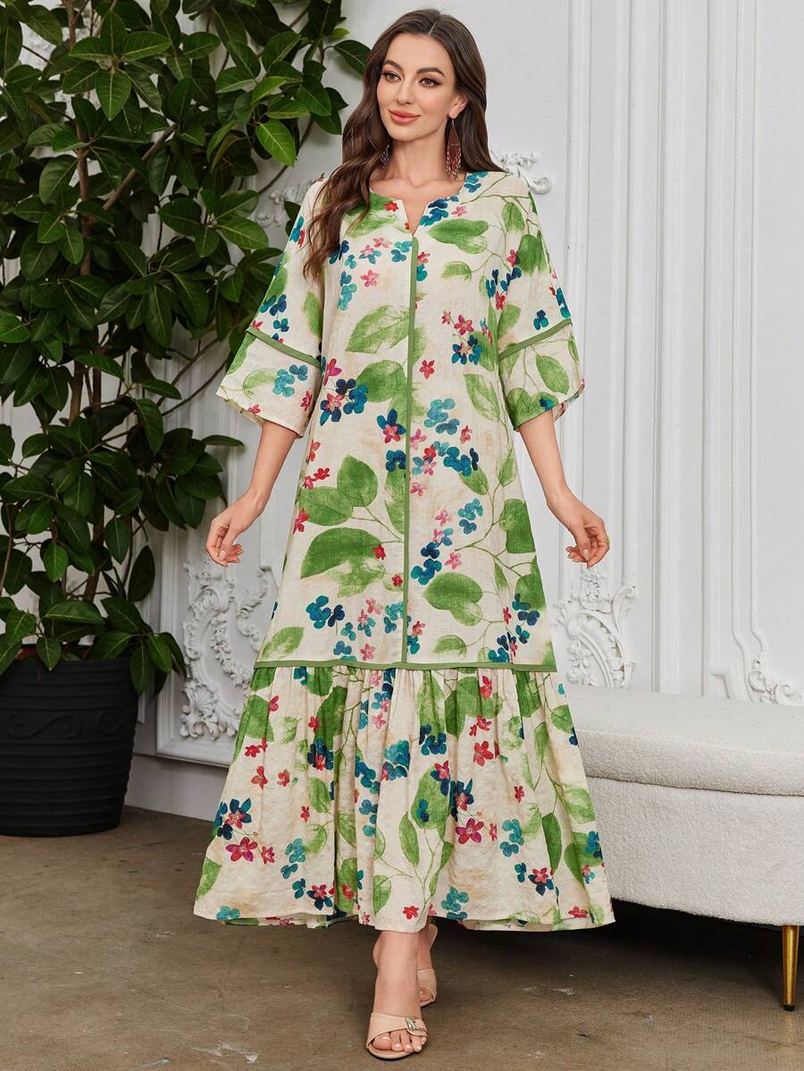 Split Neck Floral Half Sleeve Tiered Ruffle Loose Maxi Dress