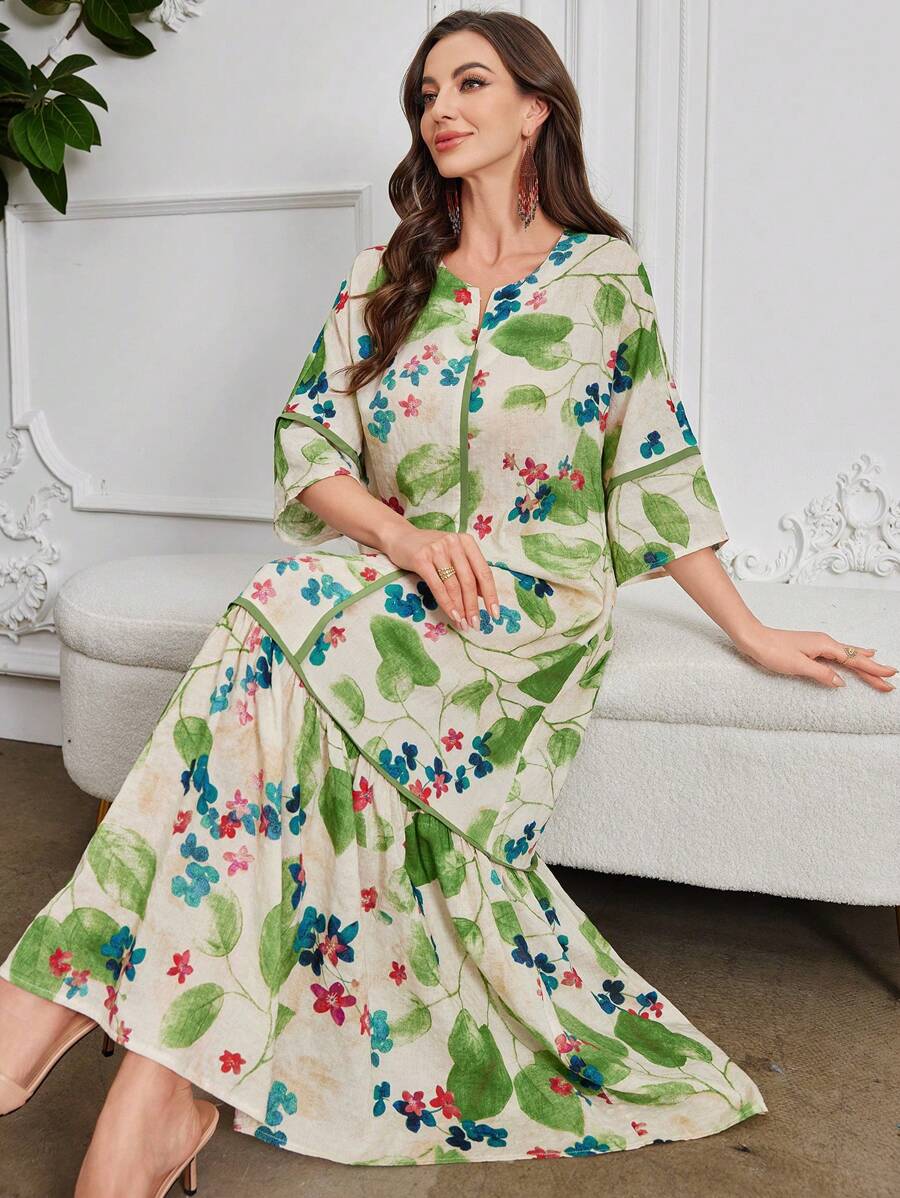 Split Neck Floral Half Sleeve Tiered Ruffle Loose Maxi Dress