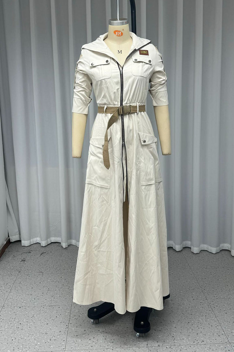 Tamar Timeless Casual Patchwork with Belt, Zipper, Turn Down Collar, Long Dresses Designer Dress Edit