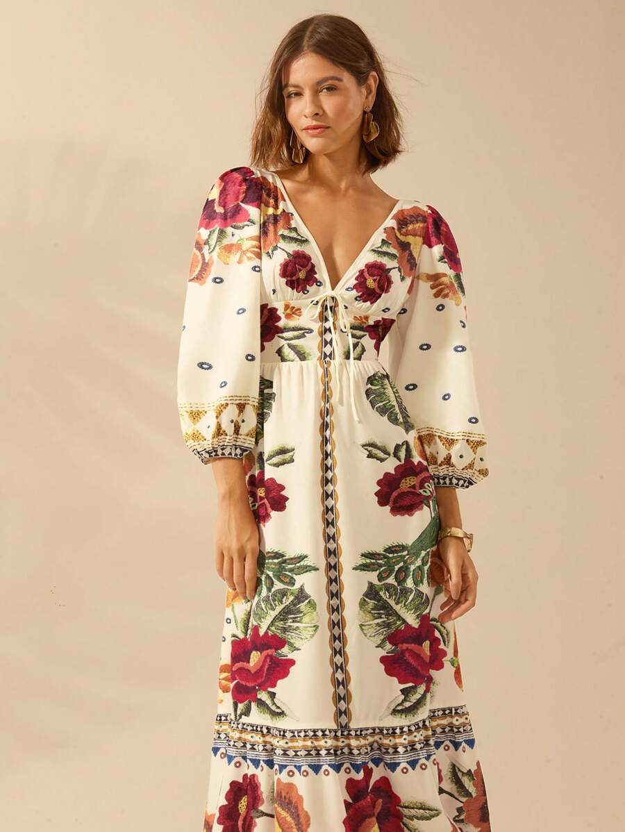 V-Neck Floral Print Lantern Sleeve Tie Front A-Line Maxi Dress
