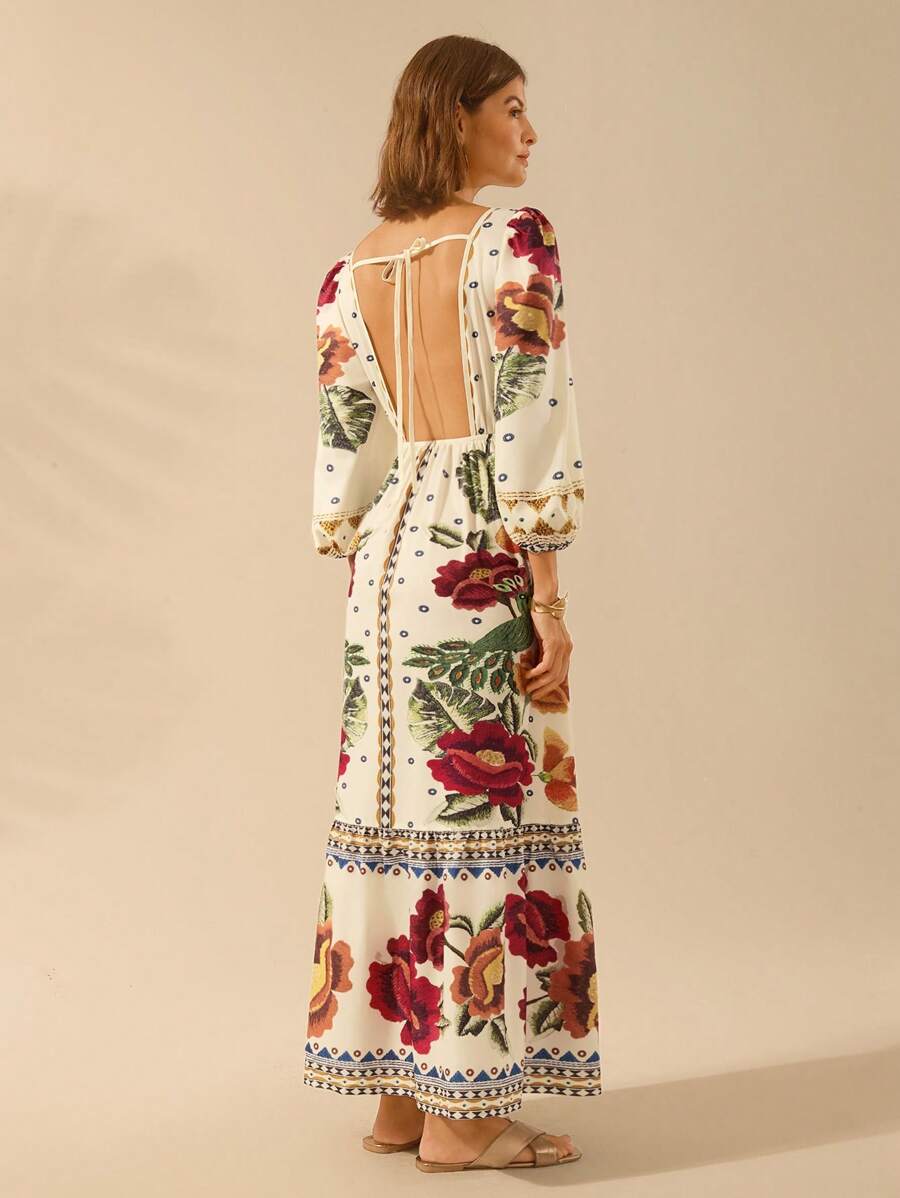 V-Neck Floral Print Lantern Sleeve Tie Front A-Line Maxi Dress 2