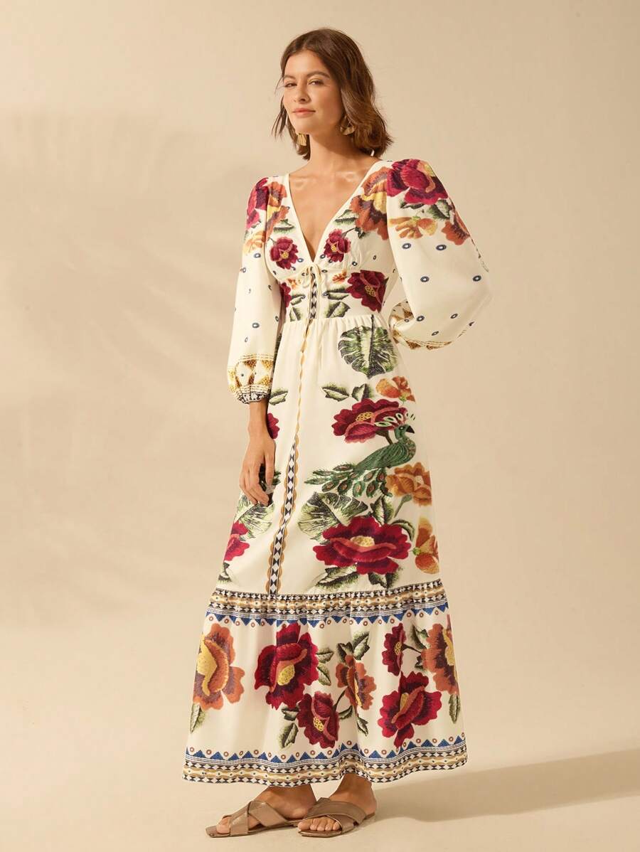 V-Neck Floral Print Lantern Sleeve Tie Front A-Line Maxi Dress 3
