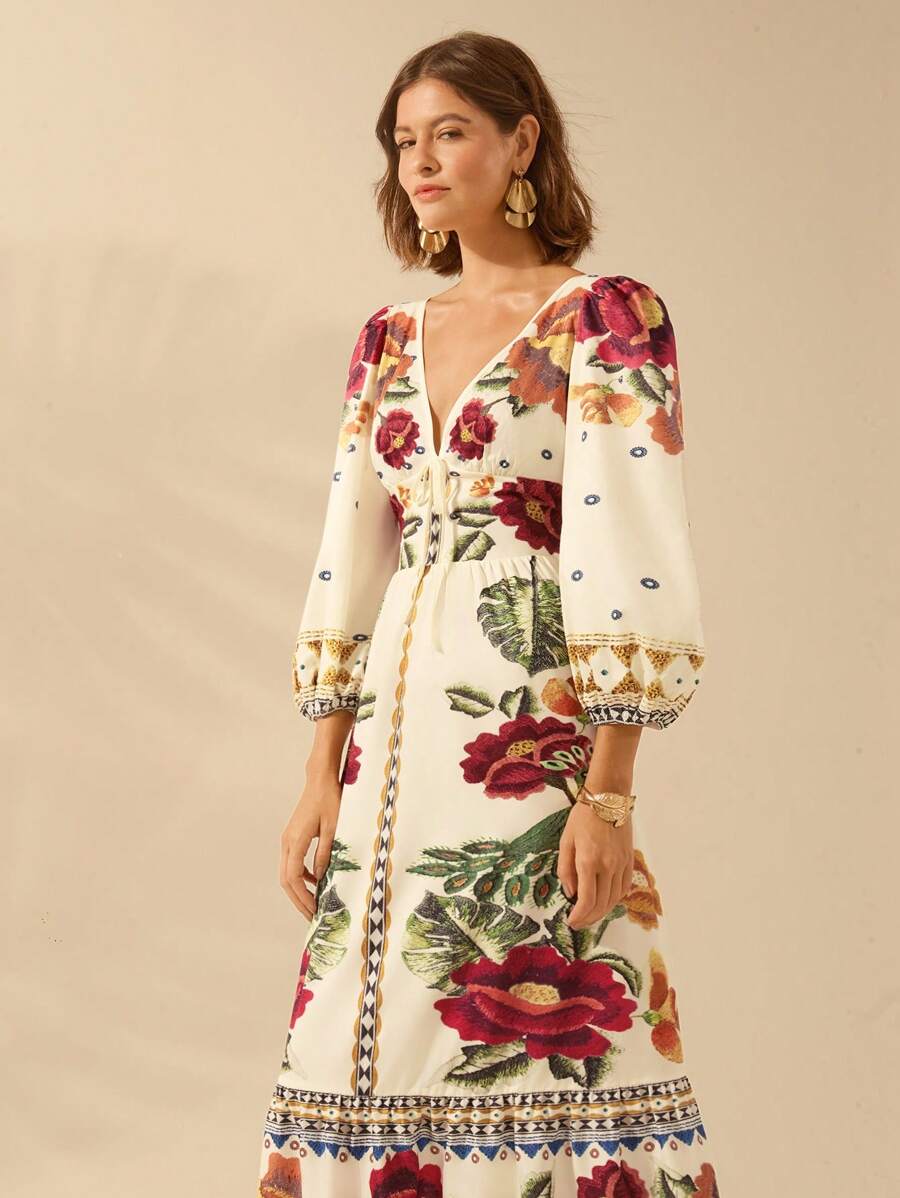 V-Neck Floral Print Lantern Sleeve Tie Front A-Line Maxi Dress 4