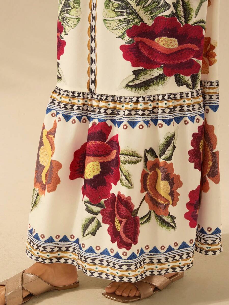V-Neck Floral Print Lantern Sleeve Tie Front A-Line Maxi Dress 5