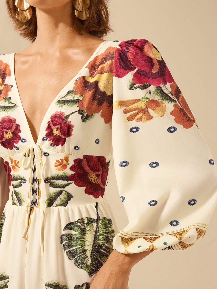 V-Neck Floral Print Lantern Sleeve Tie Front A-Line Maxi Dress 6