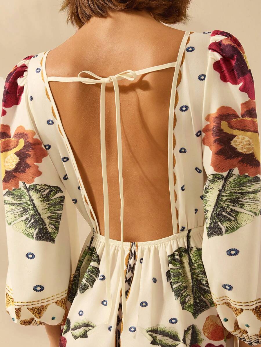 V-Neck Floral Print Lantern Sleeve Tie Front A-Line Maxi Dress 7