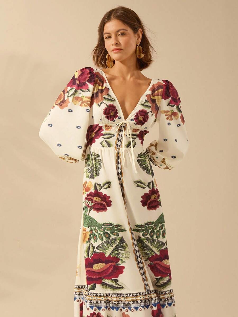 V-Neck Floral Print Lantern Sleeve Tie Front A-Line Maxi Dress 8