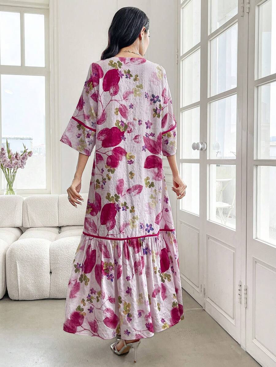Split Neck Floral Half Sleeve Tiered Ruffle Loose Maxi Dress