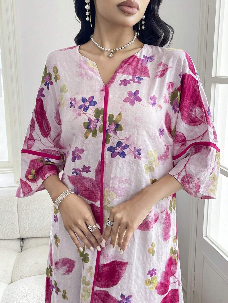 Split Neck Floral Half Sleeve Tiered Ruffle Loose Maxi Dress