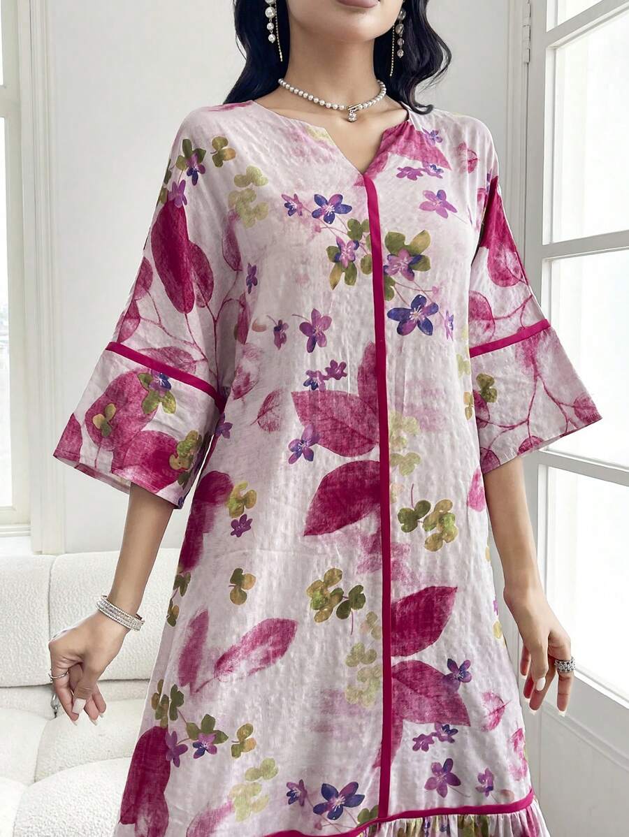 Split Neck Floral Half Sleeve Tiered Ruffle Loose Maxi Dress