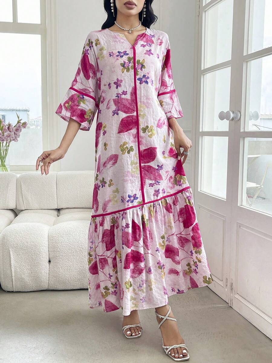 Split Neck Floral Half Sleeve Tiered Ruffle Loose Maxi Dress